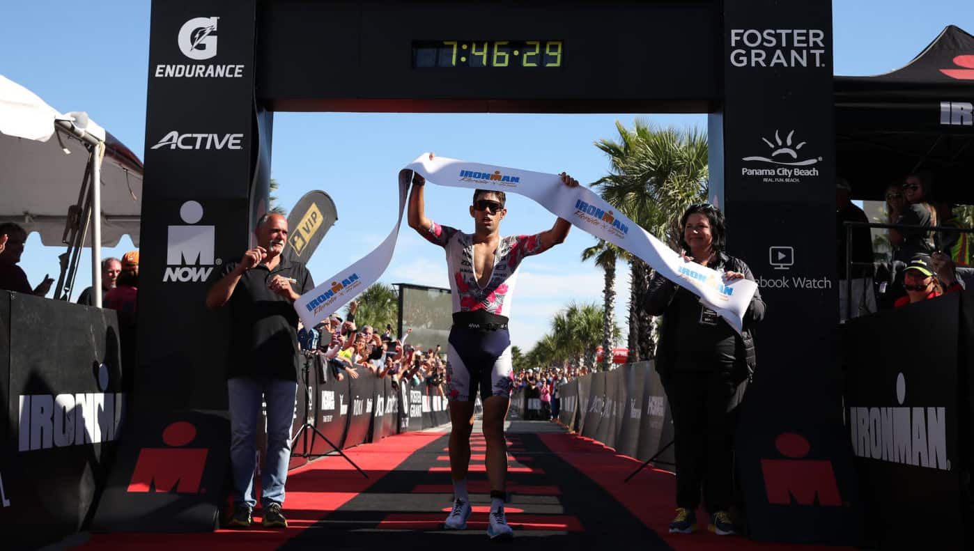 PANAMA CITY, FLORIDA - NOVEMBER 02: Joe Skipper of England celebrates his first place finish at the Ironman Florida on November 02, 2019 in Panama City, Florida. (Photo by Gregory Shamus/Getty Images)