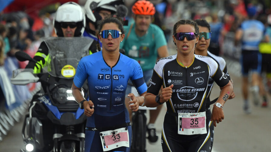 LES SABLES D'OLONNE - JULY 04: Charlene Clavel of France, Alexia Bailly of France and Julie Lemmolo of France compete during the IRONMAN 70.3 on July 04, 2021 in Les Sables d'Olonne, Unspecified. (Photo by Aurelien Meunier/Getty Images for IRONMAN)