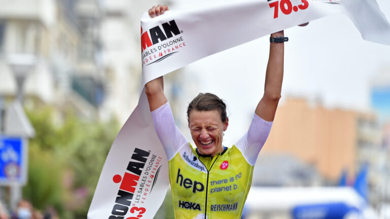 LES SABLES D'OLONNE - JULY 04: Anne Reischmann of Germany reacts after winning ing the IRONMAN 70.3 on July 04, 2021 in Les Sables d'Olonne, Unspecified. (Photo by Aurelien Meunier/Getty Images for IRONMAN)