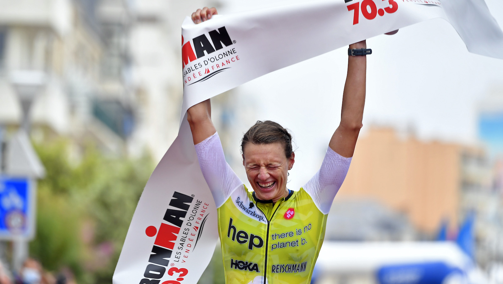 LES SABLES D'OLONNE - JULY 04: Anne Reischmann of Germany reacts after winning ing the IRONMAN 70.3 on July 04, 2021 in Les Sables d'Olonne, Unspecified. (Photo by Aurelien Meunier/Getty Images for IRONMAN)
