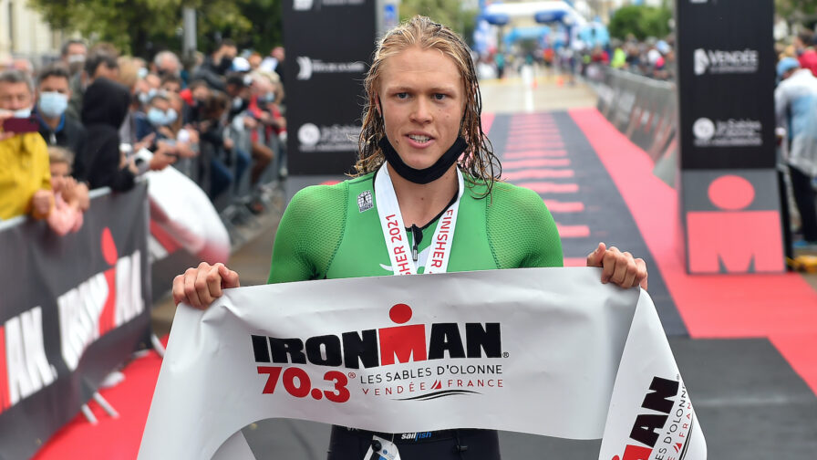 LES SABLES D'OLONNE - JULY 04: Mika Noodt of Germany reacts after winning ing the IRONMAN 70.3 on July 04, 2021 in Les Sables d'Olonne, Unspecified. (Photo by Aurelien Meunier/Getty Images for IRONMAN)