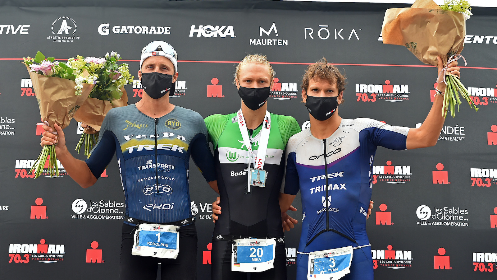 LES SABLES D'OLONNE - JULY 04: Rodolphe Von Berg of the United States, Mika Noodt of Germany and Yvan Jarrige of France pose on the podium after the IRONMAN 70.3 on July 04, 2021 in Les Sables d'Olonne, Unspecified. (Photo by Aurelien Meunier/Getty Images for IRONMAN)