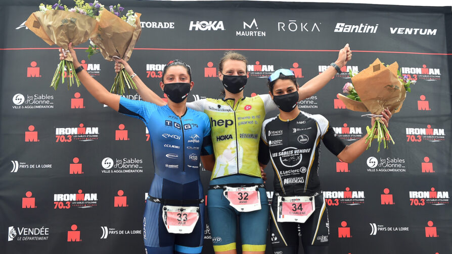 LES SABLES D'OLONNE - JULY 04: Julie Lemmolo of France, Anne Reischmann of Germany and Charlene Clavel of France pose after the IRONMAN 70.3 on July 04, 2021 in Les Sables d'Olonne, Unspecified. (Photo by Aurelien Meunier/Getty Images for IRONMAN)