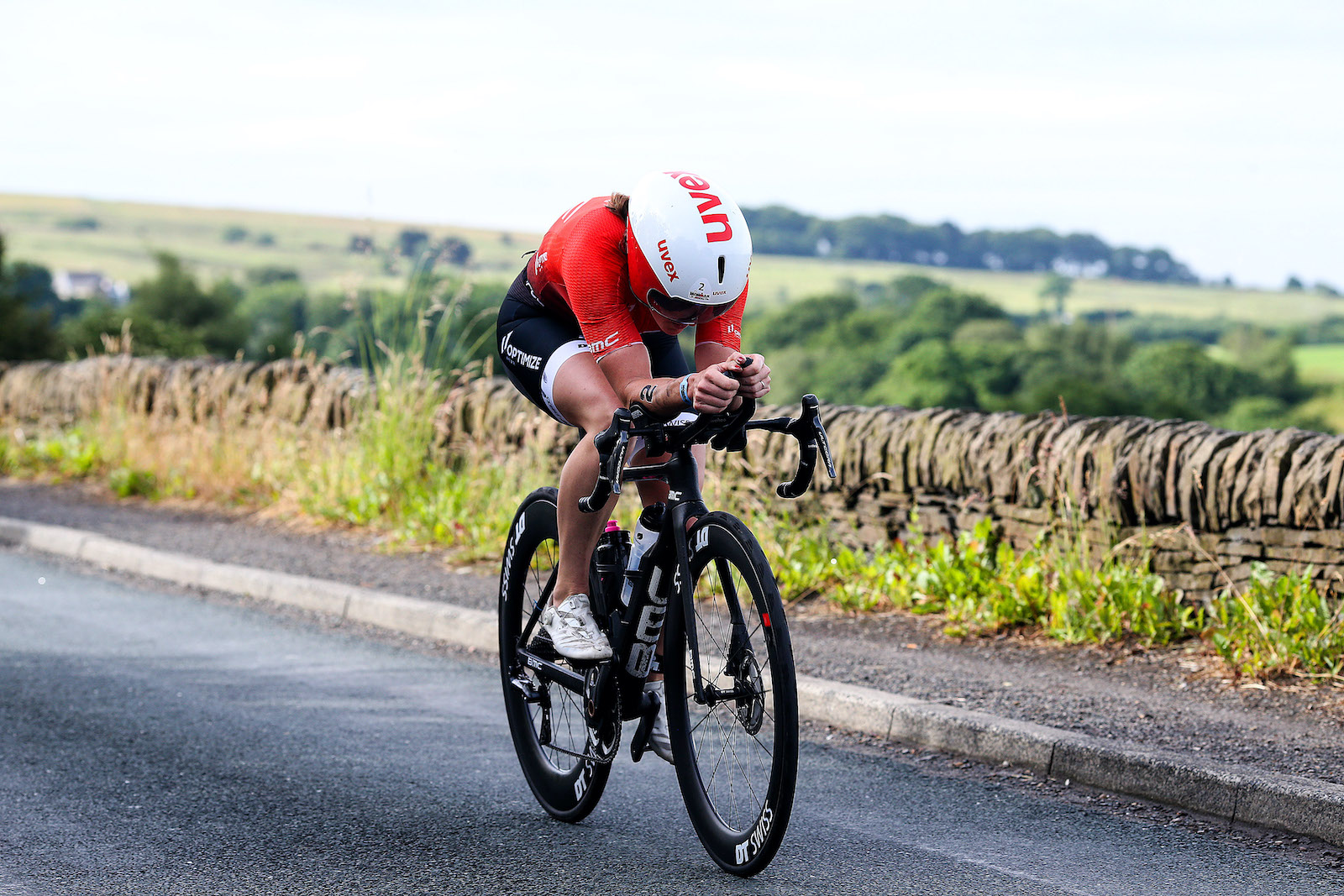 BOLTON, ENGLAND - JULY 04: Katrina Matthews of Britain competes in the bike section of Ironman UK on July 4, 2021 in Bolton, England. (Photo by Nigel Roddis/Getty Images for IRONMAN)