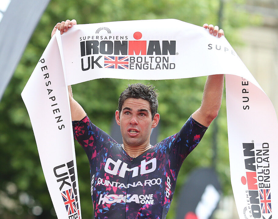 BOLTON, ENGLAND - JULY 04: Joe Skipper of Britain reacts after winning Ironman UK on July 4, 2021 in Bolton, England. (Photo by Nigel Roddis/Getty Images for IRONMAN)