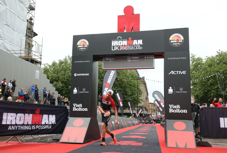 BOLTON, ENGLAND - JULY 04: Sam Laidlow of France reacts after finishing 2nd at Ironman UK on July 4, 2021 in Bolton, England. (Photo by Nigel Roddis/Getty Images for IRONMAN)