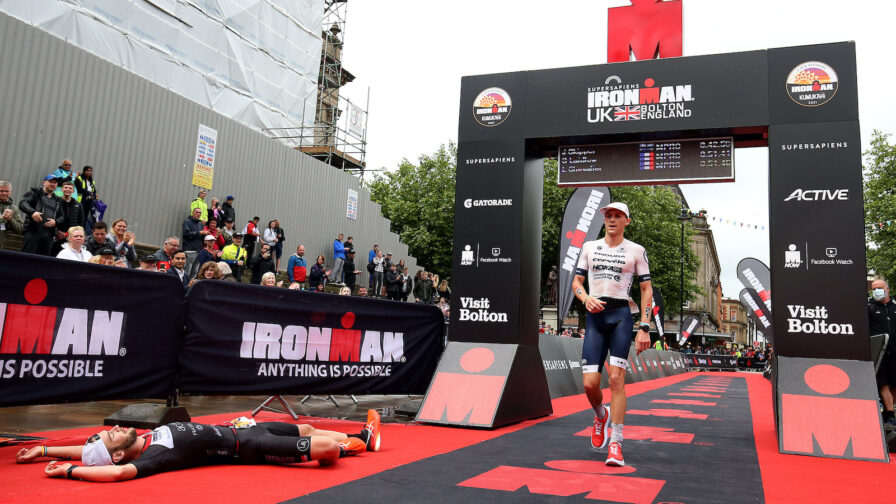 BOLTON, ENGLAND - JULY 04: Sam Laidlow of France (L) reacts after finishing 2nd with Leon Chevalier of France (R) 3rd at Ironman UK on July 4, 2021 in Bolton, England. (Photo by Nigel Roddis/Getty Images for IRONMAN)