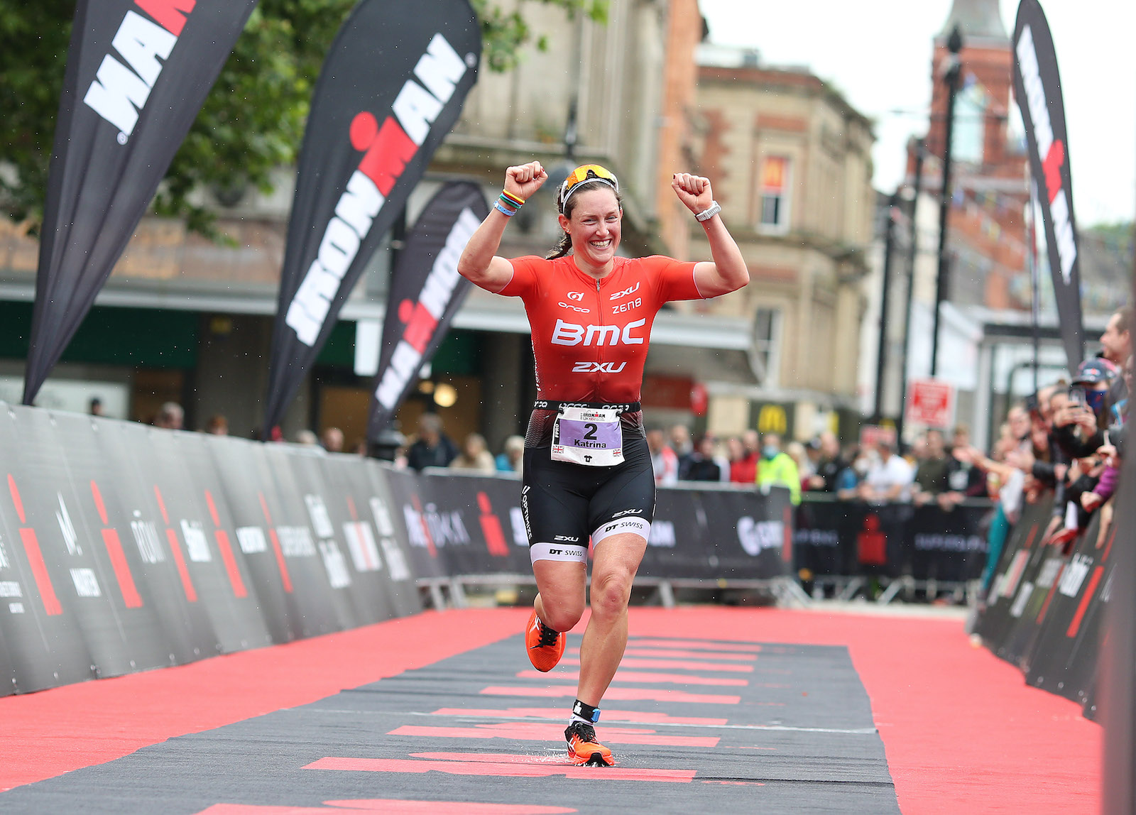 BOLTON, ENGLAND - JULY 04: Katrina Matthews of Britain reacts after winning the women's race at Ironman UK on July 4, 2021 in Bolton, England. (Photo by Nigel Roddis/Getty Images for IRONMAN)