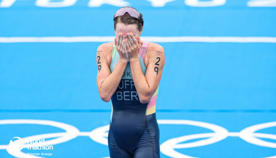 Flora Duffy crosses the line to win the women's triathlon at the Tokyo 2020 Olympic Games.