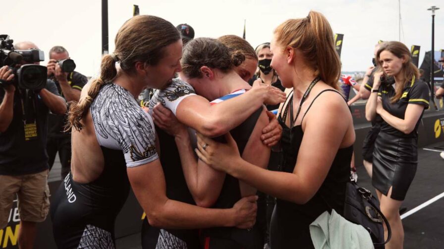 Jess Learmonth comforts Georgia Taylor-Brown at Super League Triathlon Jersey.