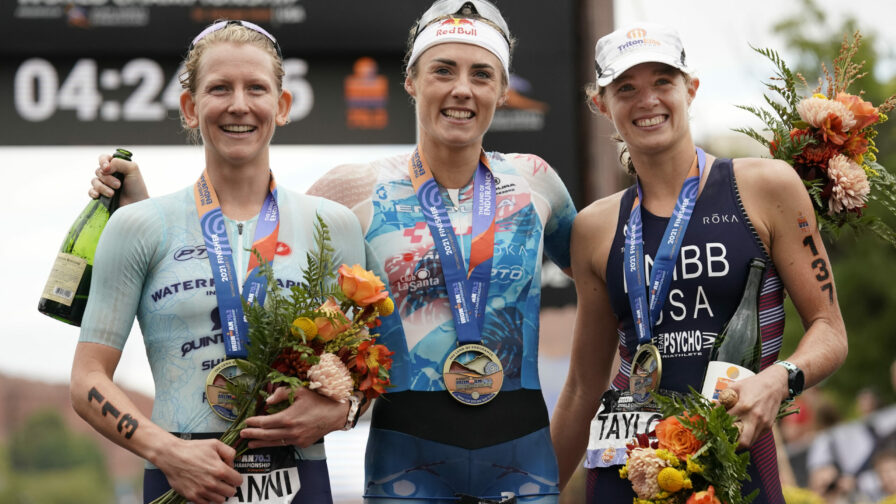 ST GEORGE, UTAH - SEPTEMBER 18: The Women's Pro Race Winners; first place Lucy Charles-Barclay of England (middle), second place Jeanni Metzler of South Africa (left) and third place Taylor Knibb of The United States (right) pose after the IRONMAN 70.3 World Championship on September 18, 2021 in St George, Utah.