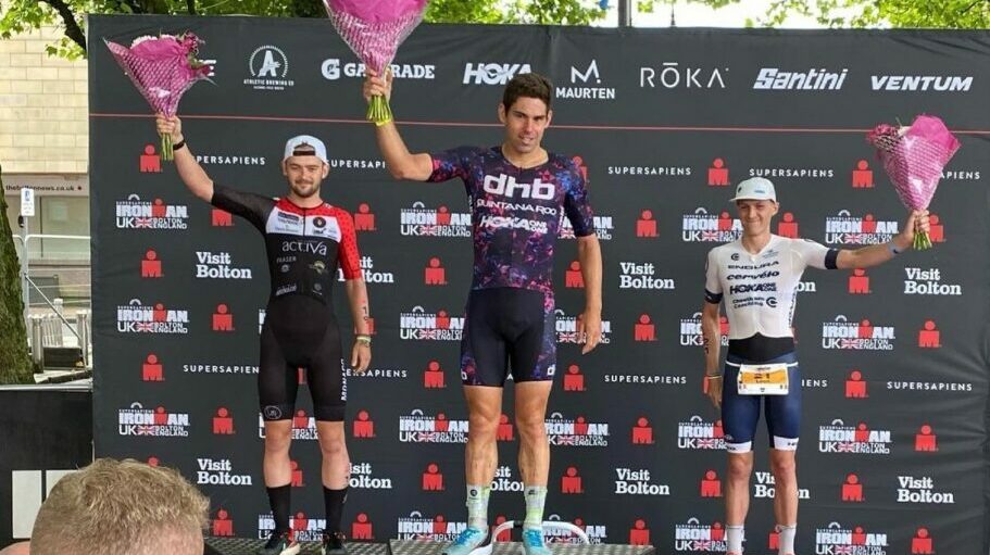 IRONMAN UK 2021 podium - Sam Laidlow (2nd), Joe Skipper (1st), Leon Chevalier (3rd)