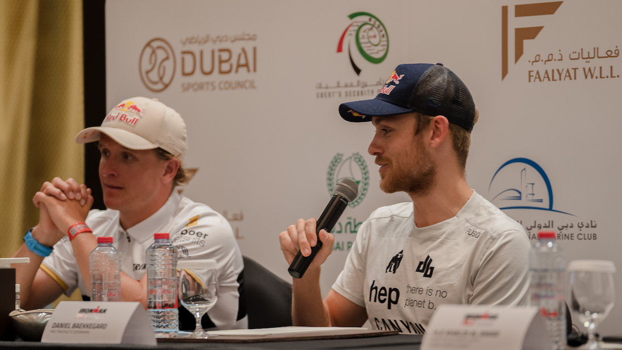 Kristian Blummenfelt and Daniel Baekkegard at the IRONMAN 70.3 Dubai 2022 Press Conference