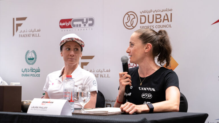 Daniela Ryf and Laura Philipp at the 2022 IRONMAN 70.3 Dubai Press Conference