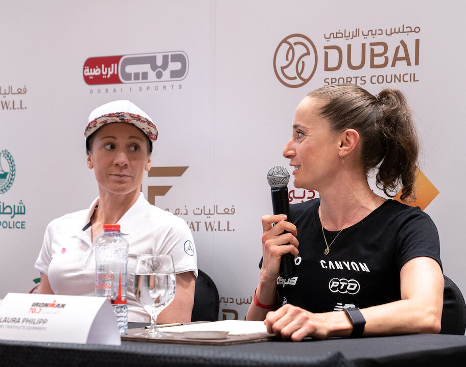 Daniela Ryf and Laura Philipp at the 2022 IRONMAN 70.3 Dubai Press Conference