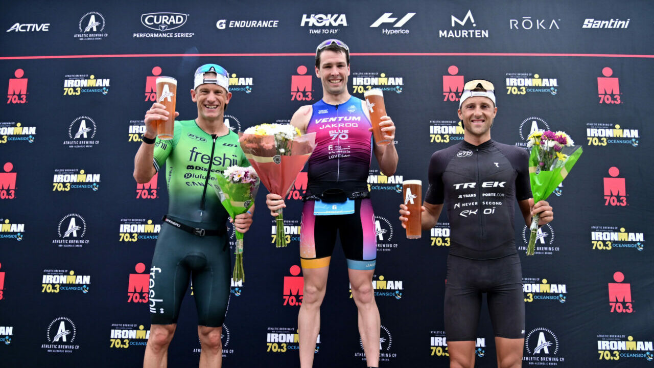 IRONMAN 70.3 Oceanside 2022: Men's podium - Jackson Laundry, Lionel Sanders, Rudy Von Berg