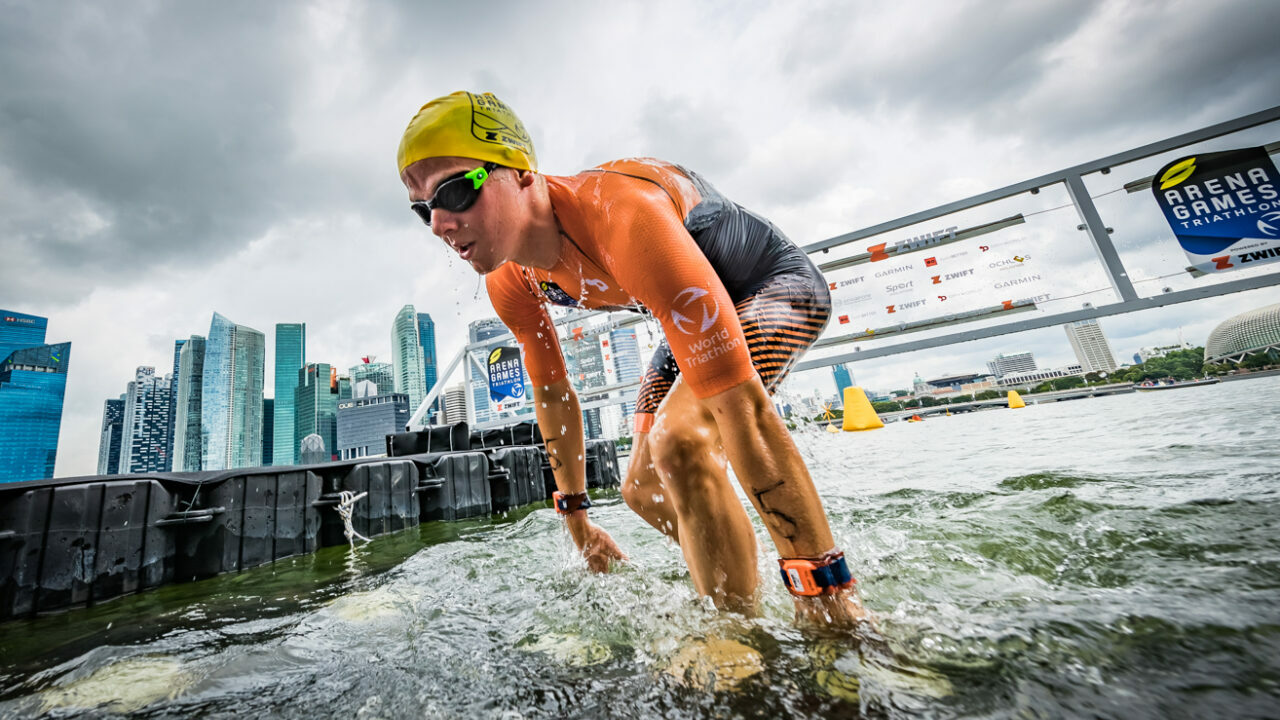 Arena Games Triathlon Finals Singapore - Dan Dixon swim exit