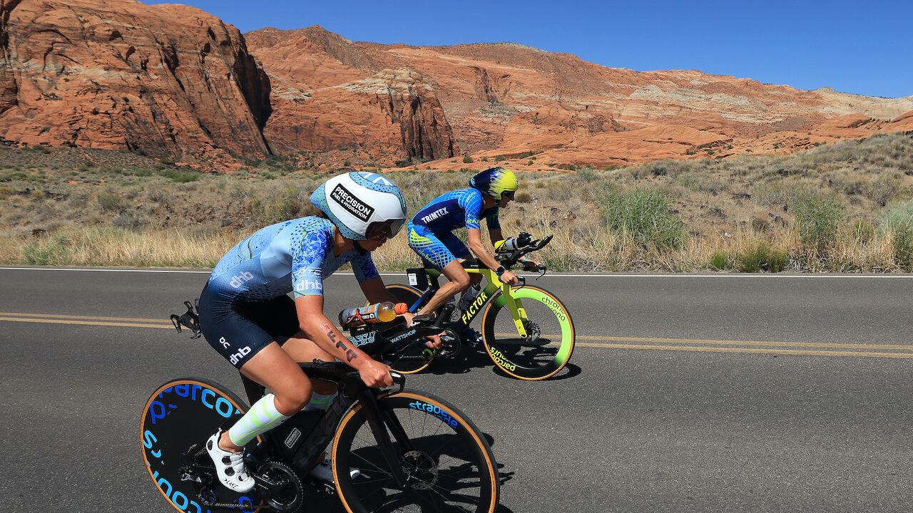 ST GEORGE, UTAH - MAY 07: Fenella Langridge of Great Britain and Laura Siddall of Great Britain compete on the bike during the 2021 IRONMAN World Championships on May 07, 2022 in St George, Utah. (Photo by Sean M. Haffey/Getty Images for IRONMAN)