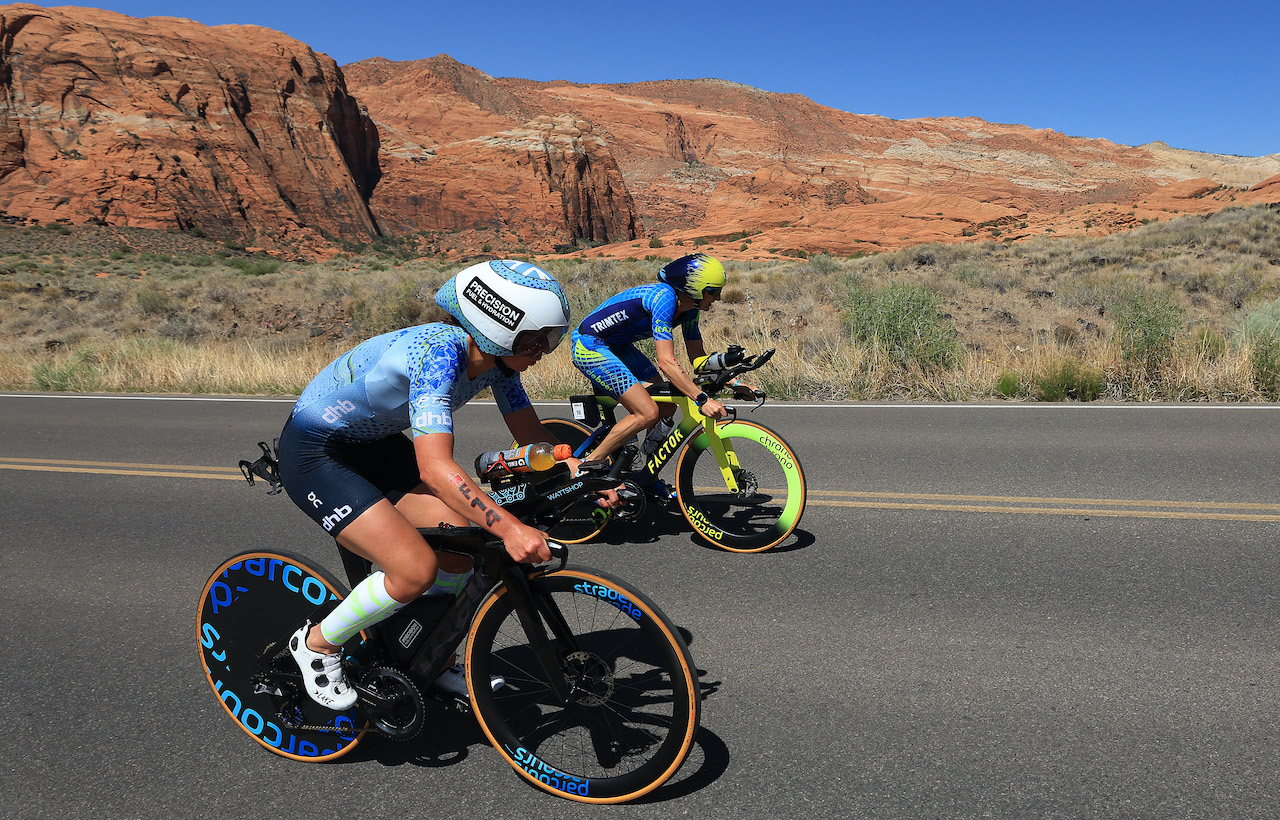 ST GEORGE, UTAH - MAY 07: Fenella Langridge of Great Britain and Laura Siddall of Great Britain compete on the bike during the 2021 IRONMAN World Championships on May 07, 2022 in St George, Utah. (Photo by Sean M. Haffey/Getty Images for IRONMAN)