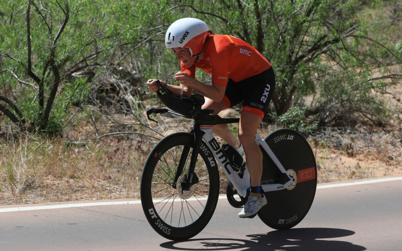 ST GEORGE, UTAH - MAY 07: Kat Matthews of Great Britain competes on the bike during the 2021 IRONMAN World Championships on May 07, 2022 in St George, Utah. (Photo by Sean M. Haffey/Getty Images for IRONMAN)