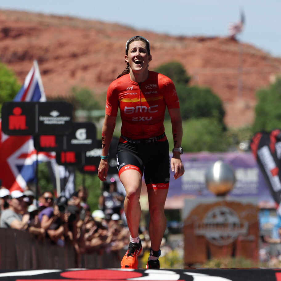 ST GEORGE, UTAH - MAY 07: Kat Matthews of Great Britain celebrates after crossing the finish line to place second in the 2021 IRONMAN World Championships on May 07, 2022 in St George, Utah. (Photo by Tom Pennington/Getty Images for IRONMAN)