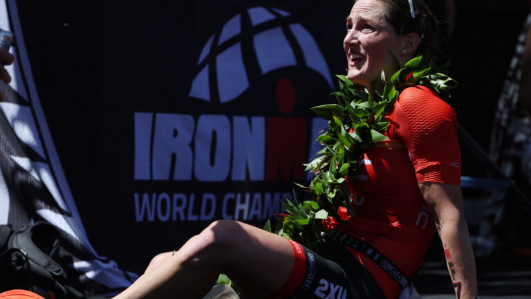 ST GEORGE, UTAH - MAY 07: Kat Matthews of Great Britain celebrates after crossing the finish line to place second in the 2021 IRONMAN World Championships on May 07, 2022 in St George, Utah. (Photo by Tom Pennington/Getty Images for IRONMAN)