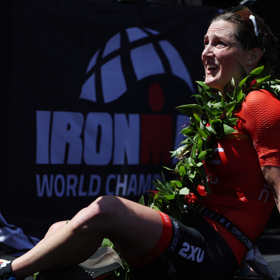 ST GEORGE, UTAH - MAY 07: Kat Matthews of Great Britain celebrates after crossing the finish line to place second in the 2021 IRONMAN World Championships on May 07, 2022 in St George, Utah. (Photo by Tom Pennington/Getty Images for IRONMAN)