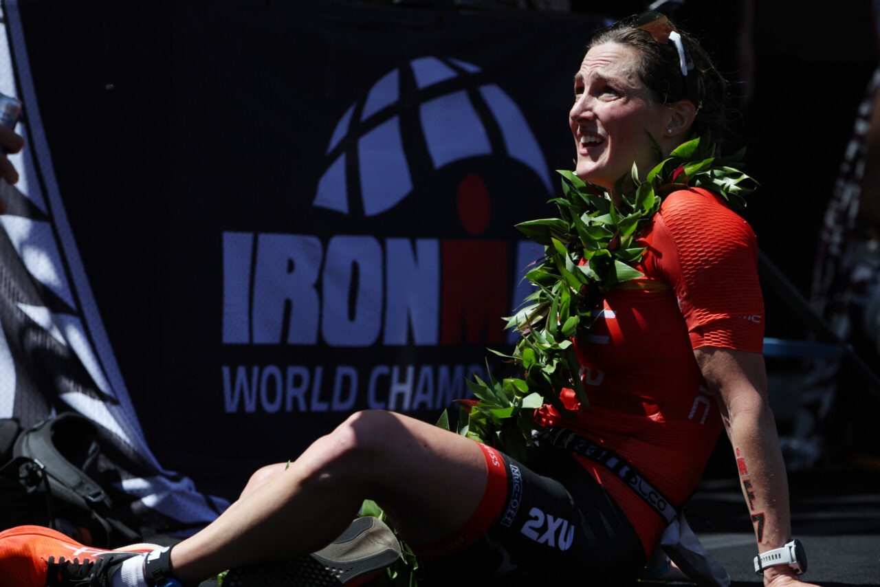 ST GEORGE, UTAH - MAY 07: Kat Matthews of Great Britain celebrates after crossing the finish line to place second in the 2021 IRONMAN World Championships on May 07, 2022 in St George, Utah. (Photo by Tom Pennington/Getty Images for IRONMAN)