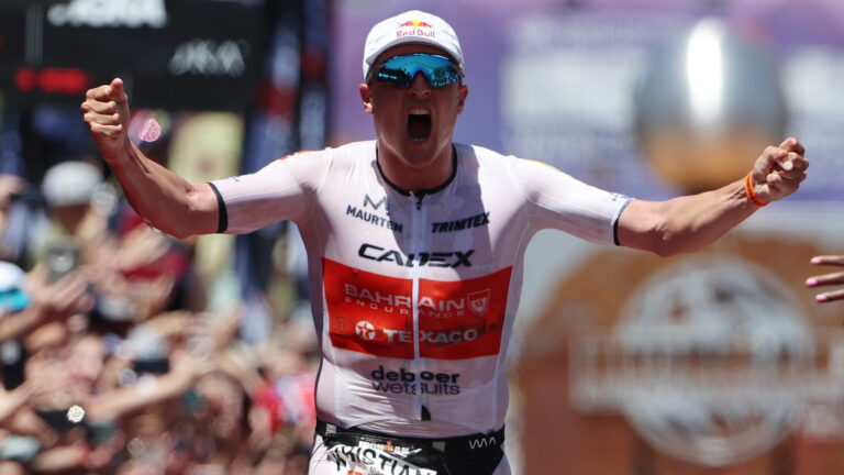 ST GEORGE, UTAH - MAY 07: Kristian Blummenfelt of Norway celebrates as he wins the 2021 IRONMAN World Championships on May 07, 2022 in St George, Utah. (Photo by Tom Pennington/Getty Images for IRONMAN)