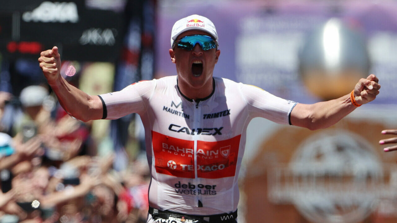 ST GEORGE, UTAH - MAY 07: Kristian Blummenfelt of Norway celebrates as he wins the 2021 IRONMAN World Championships on May 07, 2022 in St George, Utah. (Photo by Tom Pennington/Getty Images for IRONMAN)