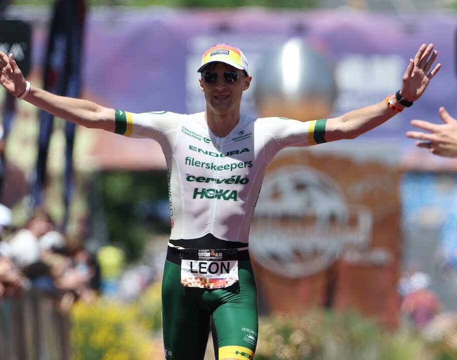 ST GEORGE, UTAH - MAY 07: Leon Chevalier of France celebrates as he finishes during the 2021 IRONMAN World Championships on May 07, 2022 in St George, Utah. (Photo by Tom Pennington/Getty Images for IRONMAN)