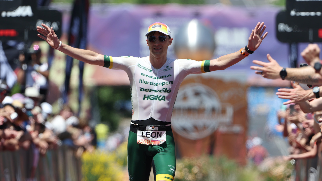 ST GEORGE, UTAH - MAY 07: Leon Chevalier of France celebrates as he finishes during the 2021 IRONMAN World Championships on May 07, 2022 in St George, Utah. (Photo by Tom Pennington/Getty Images for IRONMAN)