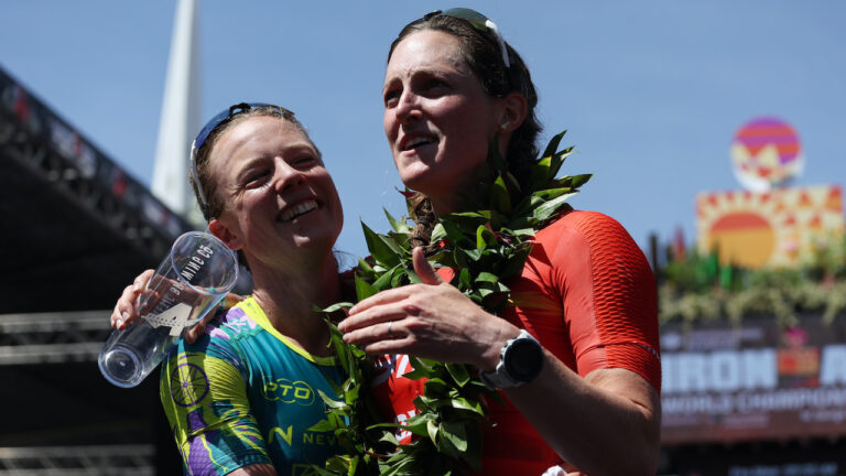 ST GEORGE, UTAH - MAY 07: Ruth Astle of Great Britain hugs second place finisher Kat Matthews of Great Britain after the 2021 IRONMAN World Championship on May 07, 2022 in St George, Utah. (Photo by Tom Pennington/Getty Images for IRONMAN)