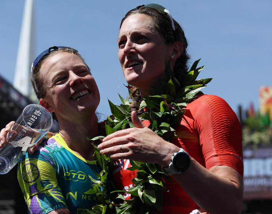 ST GEORGE, UTAH - MAY 07: Ruth Astle of Great Britain hugs second place finisher Kat Matthews of Great Britain after the 2021 IRONMAN World Championship on May 07, 2022 in St George, Utah. (Photo by Tom Pennington/Getty Images for IRONMAN)