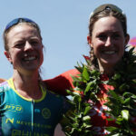 ST GEORGE, UTAH - MAY 07: Ruth Astle of Great Britain hugs second place finisher Kat Matthews of Great Britain after the 2021 IRONMAN World Championship on May 07, 2022 in St George, Utah. (Photo by Tom Pennington/Getty Images for IRONMAN)