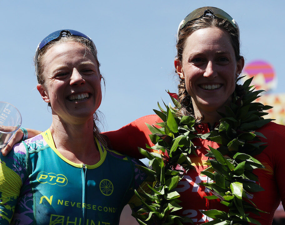 ST GEORGE, UTAH - MAY 07: Ruth Astle of Great Britain hugs second place finisher Kat Matthews of Great Britain after the 2021 IRONMAN World Championship on May 07, 2022 in St George, Utah. (Photo by Tom Pennington/Getty Images for IRONMAN)