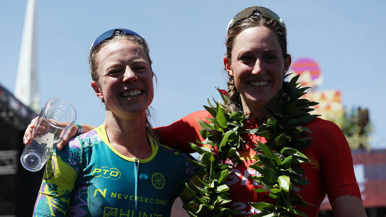 ST GEORGE, UTAH - MAY 07: Ruth Astle of Great Britain hugs second place finisher Kat Matthews of Great Britain after the 2021 IRONMAN World Championship on May 07, 2022 in St George, Utah. (Photo by Tom Pennington/Getty Images for IRONMAN)