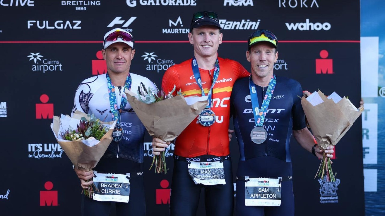 Max Neumann Braden Currie Sam Appleton podium photo credit IRONMAN Cairns 