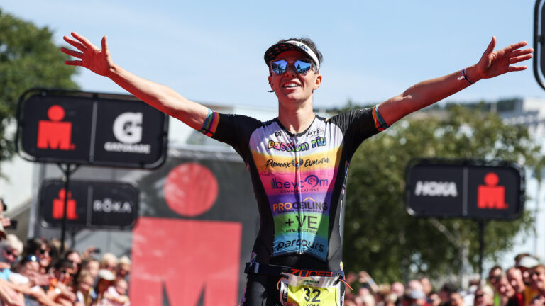 WALES - AUGUST 07: Lydia Dant of Britain finishes second in the women’s race at IRONMAN 70.3 Swansea on August 7, 2022 in Cardiff, United Kingdom. (Photo by Nigel Roddis/Getty Images for IRONMAN)