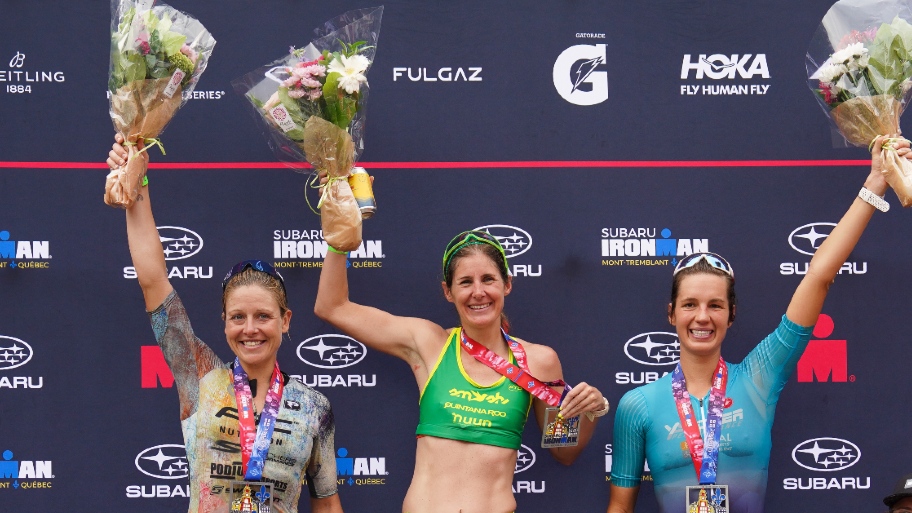 Women podium IRONMAN Mont Tremblant 2022 photo credit Alex Bierens de Haan Getty Images for IRONMAN