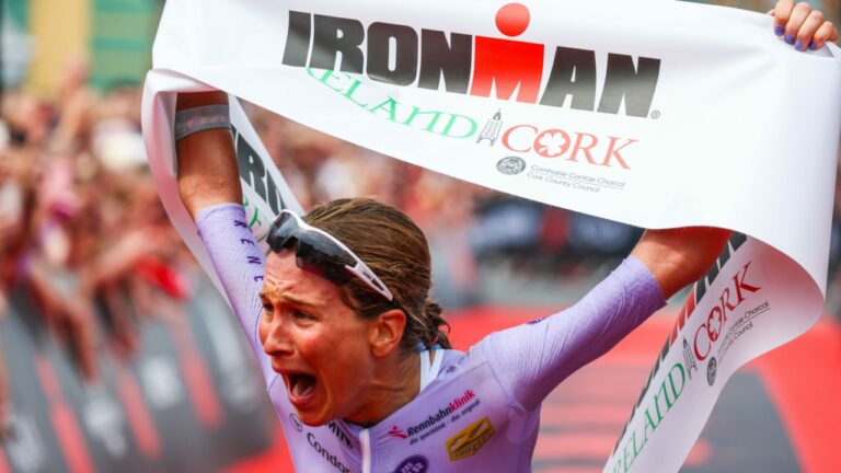 CORK, IRELAND - AUGUST 14: Svenja Thoes of Germany reacts after winning the women’s race at IRONMAN Ireland, Cork on August 14, 2022 in Cork, Ireland. (Photo by Nigel Roddis/Getty Images for IRONMAN)