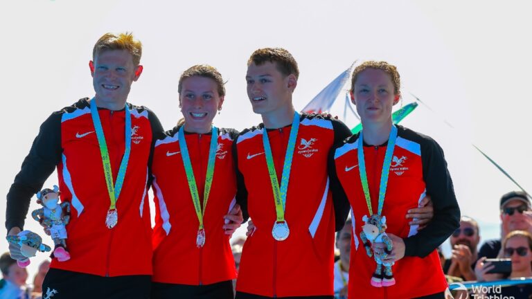 Iestyn Harrett Olivia Mathias Dom Coy Non Stanford Wales Mixed Relay Commonwealths 2022 photo credit World Triathlon