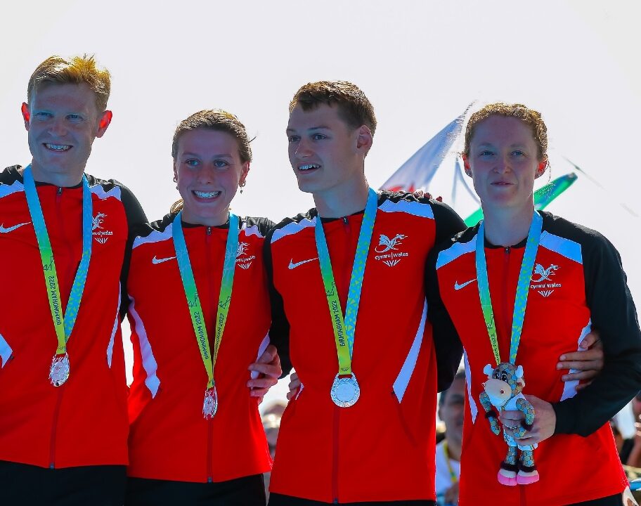 Iestyn Harrett Olivia Mathias Dom Coy Non Stanford Wales Mixed Relay Commonwealths 2022 photo credit World Triathlon