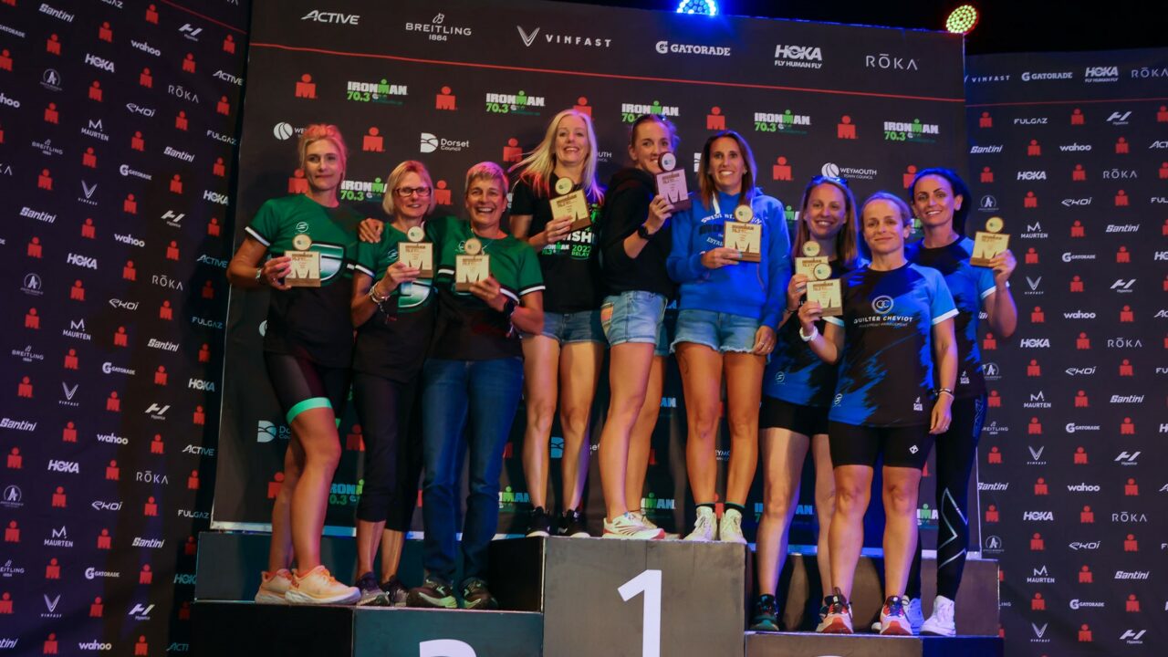 IRONMAN 70.3 Weymouth 2022 podiums. Photo credit Huw Fairclough