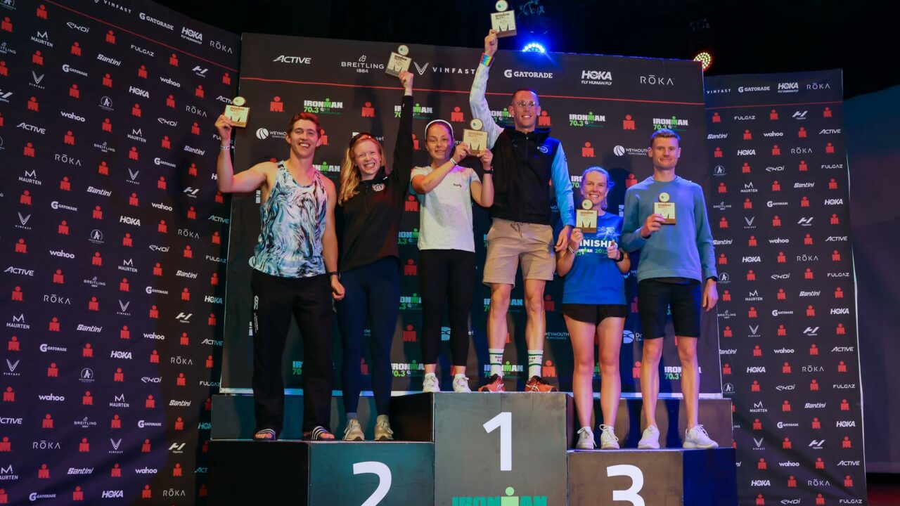 IRONMAN 70.3 Weymouth 2022 podiums. Photo credit Huw Fairclough