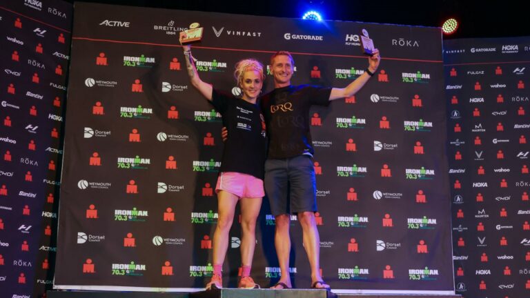 IRONMAN 70.3 Weymouth 2022 podiums. Photo credit Huw Fairclough - Natalie Lawrence and Donald Brooks