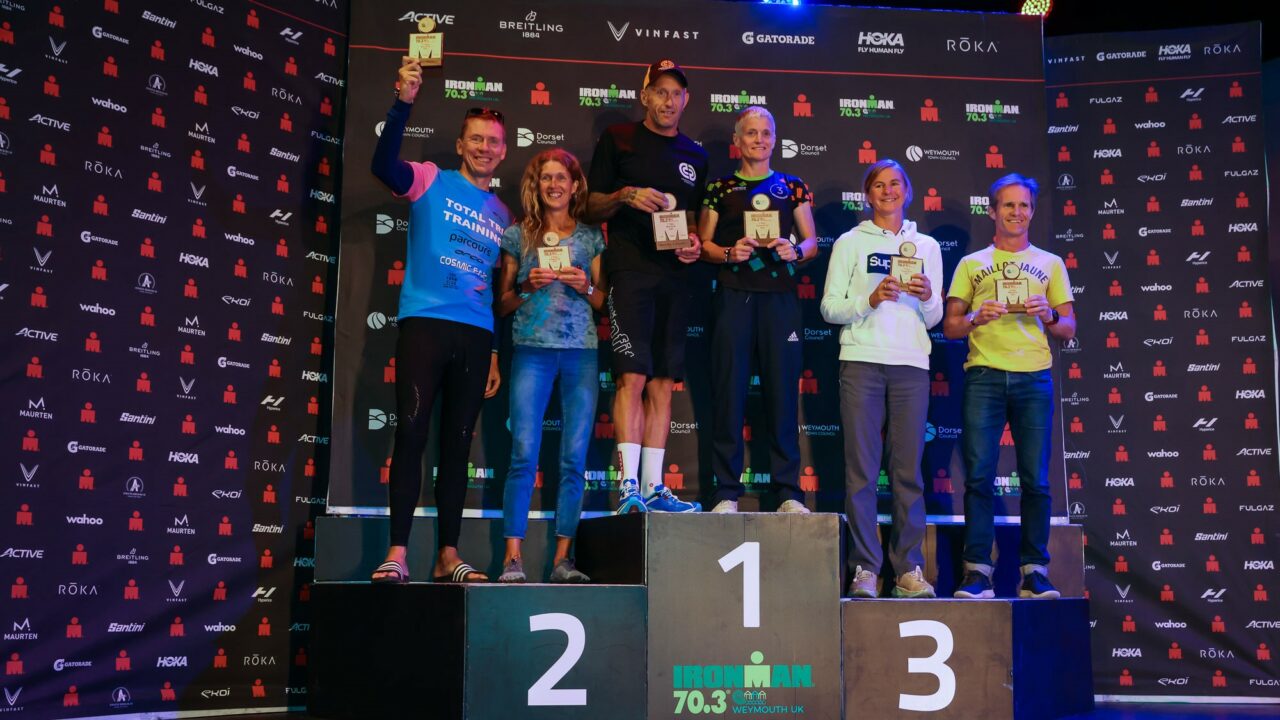 IRONMAN 70.3 Weymouth 2022 podiums. Photo credit Huw Fairclough