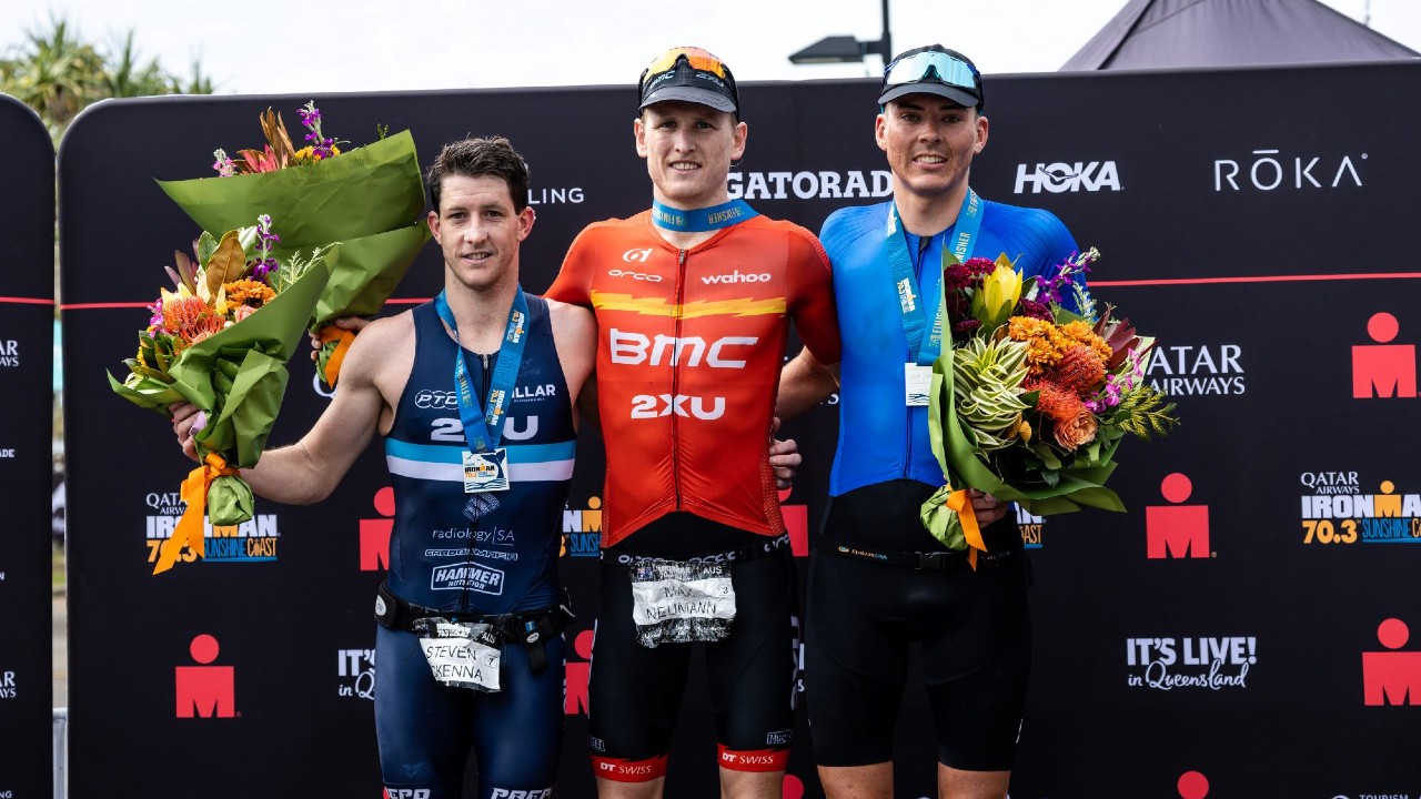 The men's podium at the Qatar Airways IRONMAN 70.3 Sunshine Coast won by Max Neumann - Photo Korupt Vision for IRONMAN