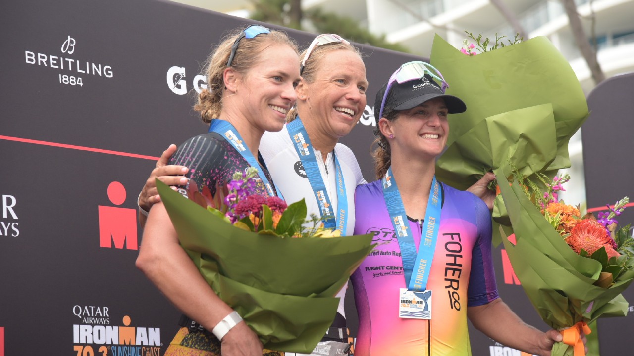 The women's podium at the Qatar Airways IRONMAN 70.3 Sunshine Coast won by Lotte Wilms - Photo Sportograf for IRONMAN