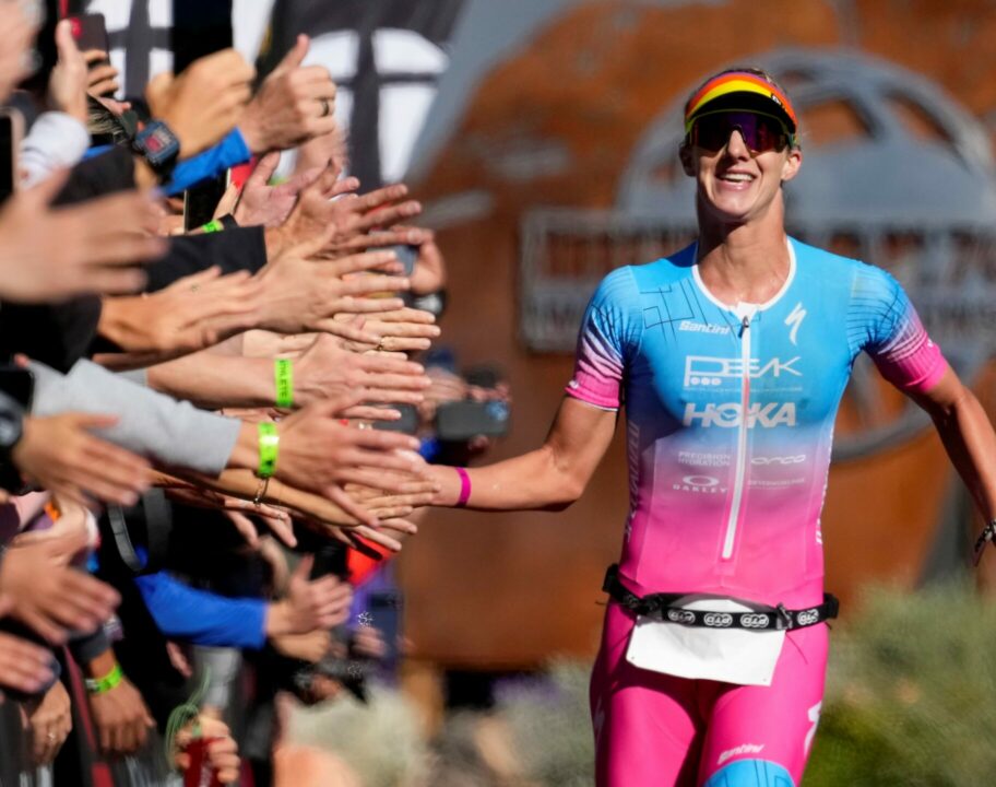 ST GEORGE, UTAH - OCTOBER 28: Emma Pallant-Browne of Britain celebrates as she finishes in third place during the IRONMAN 70.3 World Championship on October 28, 2022 in St George, Utah. (Photo by Patrick McDermott/Getty Images for IRONMAN)